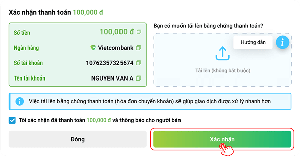 Xác nhận đã thanh toán, thông báo cho người bán